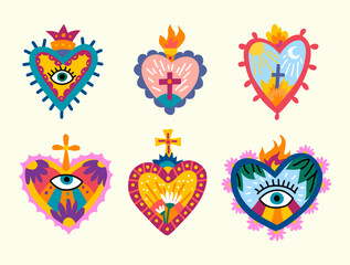 Poster - cartoon color different sacred mexican heart set day of dead holiday concept flat design style. vect