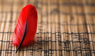 Poster - A striking red feather rests against a textured bamboo mat, creating a vibrant, natural contrast.