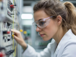 Poster - focused woman wearing safety goggles works on electronic circuit board in laboratory setting