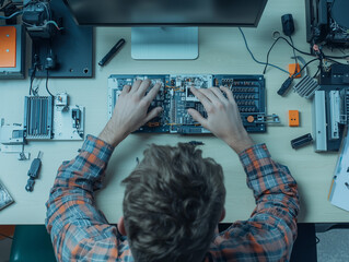 Poster - man working on circuit board with tools on desk, viewed from above, showcasing focus and technical expertise
