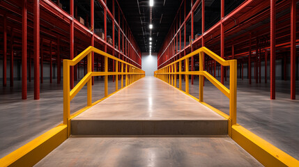 Poster - brightly lit industrial warehouse interior with red steel shelving and yellow safety railing walkway