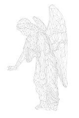 Poster - A black and white drawing of an angel with a wing. The angel is reaching out with its hand