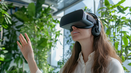 Poster - woman wearing virtual reality headset explores lush indoor garden, blending technology with nature