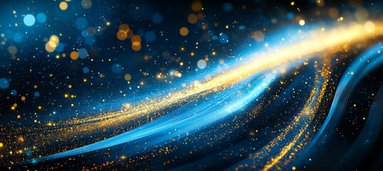 Poster - Abstract Blue and Gold Wavy Background with Glitter, Lights, Sparkles for Your Design