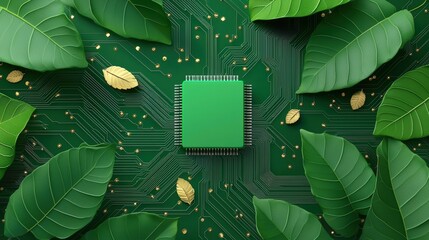 Poster - A green circuit board surrounded by lush leaves symbolizes the fusion of technology and nature, highlighting sustainability in innovation, Green Technology.