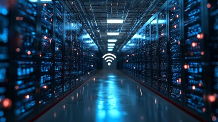 Poster - Innovative architecture illuminates a sleek corridor in a futuristic data centre. Bright blue lights from server racks create a dynamic atmosphere. Wireless signals signify seamless connectivity