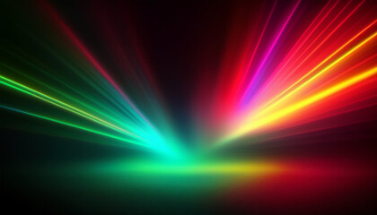 Wall Mural - Defocused red green pink ultraviolet radiance soft texture on dark black abstract empty space background. Neon blur glow. Color light overlay. Copy space.