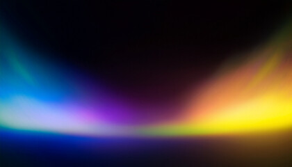Wall Mural - Defocused yellow blue magenta ultraviolet radiance soft texture on dark black abstract empty space background. Neon blur glow. Color light overlay. Copy space.