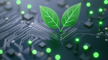 Poster - A digital circuit design featuring green leaves, symbolizing the fusion of technology and nature, Green Technology.