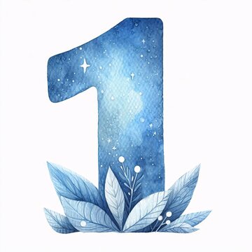 watercolor illustration of the number one with blue plant elements in blue