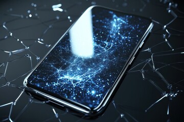 Poster - Shattered smartphone screen displaying bright galaxy design on dark surface at night