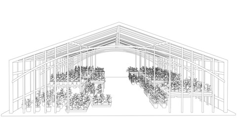 Poster - A large greenhouse with many plants inside. The plants are arranged in rows and are of various sizes. The greenhouse is open to the sky, allowing sunlight to enter and provide warmth for the plants