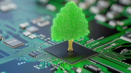 Poster - A digital tree graphic emerging from a microchip, symbolizing the fusion of technology and nature, Green Technology.