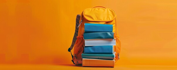 Poster - Bright yellow backpack on vibrant orange background filled with school books