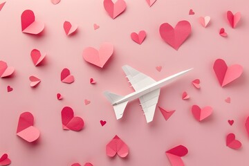 Poster - Creative valentine's day travel concept with white paper airplane flying over pink paper hearts on pink background