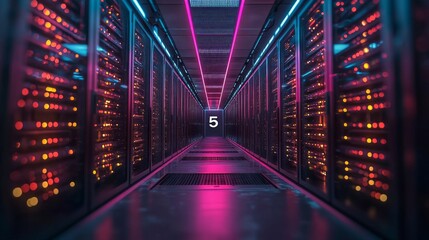 Aufkleber - Bright neon lights illuminate a corridor lined with sleek data storage units, evoking a sense of advanced technology and digital innovation. The atmosphere feels dynamic and electric