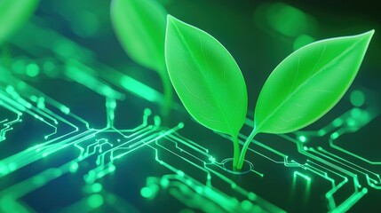 Poster - a vibrant image depicting two green leaves sprouting from a circuit board, symbolizing the fusion of