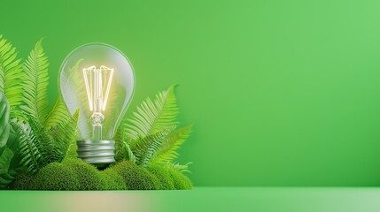Poster - A light bulb surrounded by lush greenery on a vibrant green background symbolizes eco-friendliness and innovation, Green Technology.