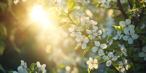 Poster - Close-up of blooming branch with white flowers and green leaves, backlit by sunlight, creating a warm, bright spring scene, symbolizing renewal and nature's beauty