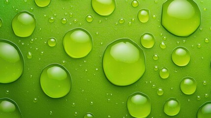Poster - A vibrant close-up of green droplets resting on a smooth, green surface, creating a refreshing and natural aesthetic, Green Technology.