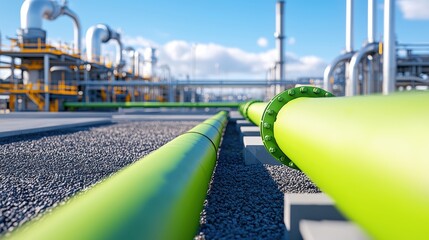 Poster - A vibrant industrial scene showcasing green pipes in a manufacturing facility, set against a backdrop of blue skies and machinery, Green Technology.