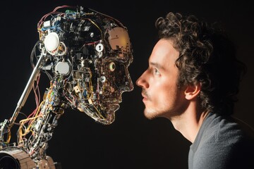 Poster - Man interacts with robotic head showcasing advanced technology in a studio setting