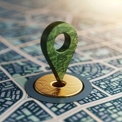 Aufkleber - Green location pin pointing a golden point of interest on a city map representing navigation and destination