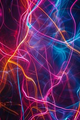 Poster - Vibrant neon light painting creating wavy patterns against a dark background