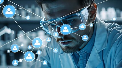 Poster - The scientist in his domain: A focused scientist in a laboratory, head bent in concentrated study, connected through social media networks represented.