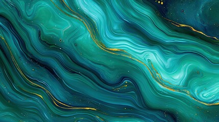 Poster - A swirling abstract design featuring vibrant teal hues and golden accents creates a sense of depth and fluidity, Green Technology.