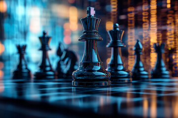 Fototapete - Close-up of a black chess king on a board, other pieces blurred in background, city lights bokeh, representing strategy, leadership, and competition in business