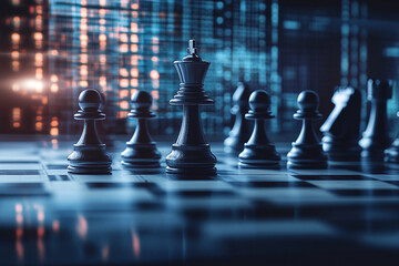 Fototapete - Close-up of chess pieces on a board, king in focus, against a blurred city lights background, symbolizing strategy, leadership, and business competition