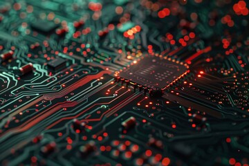 Fototapete - Close-up view of a modern cpu processor with glowing red lights, symbolizing intense data processing and computational power