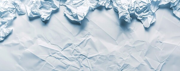 Poster - Crumpled paper balls forming a border at the top of a blue, wrinkled paper background