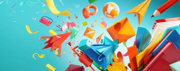Poster - 3d rendering of an explosion of colorful school supplies flying in the air