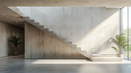 Fototapete - Calming and spacious, the room features a sleek staircase and elegant plants, inviting tranquility. Sunlight filters through large windows, creating a peaceful atmosphere for reflection