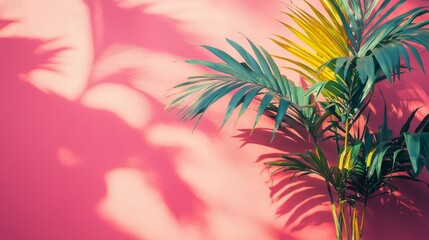 Aufkleber - Colorful palm fronds cast intricate shadows against a striking pink wall, capturing the essence of minimal fashion and urban art in a tropical setting