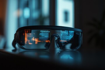 Poster - Smart glasses displaying information in a modern urban setting during the evening