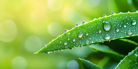 Poster - Close-up of dew drops on green leaf, showcasing vibrant, fresh texture. Symbolizes nature, purity, and freshness, ideal for eco-friendly or natural product advertisement