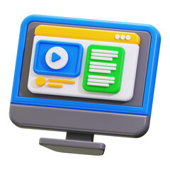 Fototapete - Video learning 3d computer monitor with a play button for educational content. Perfect for e learning websites and online courses promotion