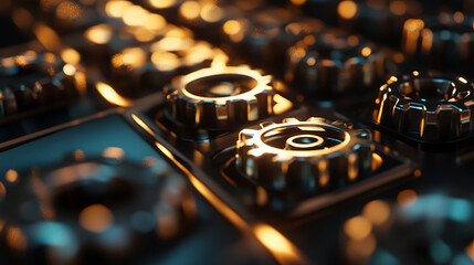 Poster - Close-up of metallic gears, showcasing intricate details and a dark, warm light, symbolizing precision, mechanism, and industrial design, perfect for technology or engineering concepts