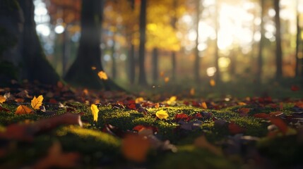 Poster - Colorful autumn leaves rest on a moss-covered forest floor, illuminated by soft sunlight filtering through trees, creating warm shadows and a serene atmosphere