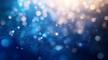 Fototapete - Soft blue glowing particles elegantly drift across a dark background, with bokeh effects enhancing movement and depth in a captivating digital display