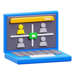 Poster - Online meeting visualized with a 3D model of a blue laptop displaying a video call. Suitable for virtual meeting concepts