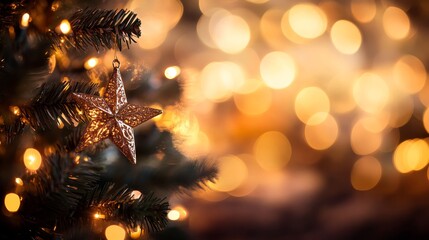Poster - A shimmering golden star tree topper with intricate details crowns a lush Christmas tree, bathed in the warm glow of fairy lights against a festive backdrop