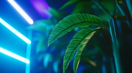 Leinwandbilder - Glossy tropical leaves catch green and blue neon lights, creating a cyberpunk aesthetic with intricate textures and a modern feel in the urban environment