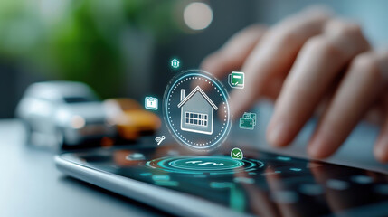 Leinwandbilder - person interacts with smartphone displaying futuristic digital icons representing personal finance management, including house, car, and wallet, symbolizing modern financial technology
