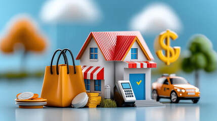 Poster - playful 3D illustration features financial ecosystem with floating payment terminal, small house, shopping bags, coins, and car, symbolizing commerce and economy