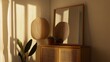 © Studio - A serene interior scene with natural light creating a play of shadows, featuring a wooden cabinet with a mirror, and a decorative lamp.