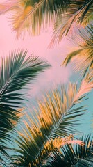 Poster - Soft pastel pink and blue skies blend seamlessly as lush palm fronds reach upward, capturing the vibrant spirit of minimal urban art during a serene sunset